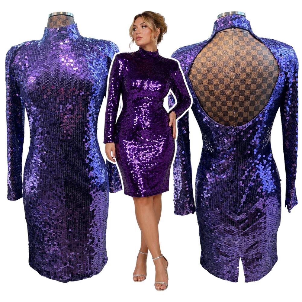 Vtg 90s Purple Sequin Open Back Mock Neck Cocktail Dress Size 10 Disco Glam Luxe
